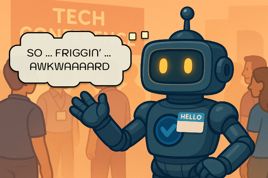 Robot feeling awkward at a conference.
